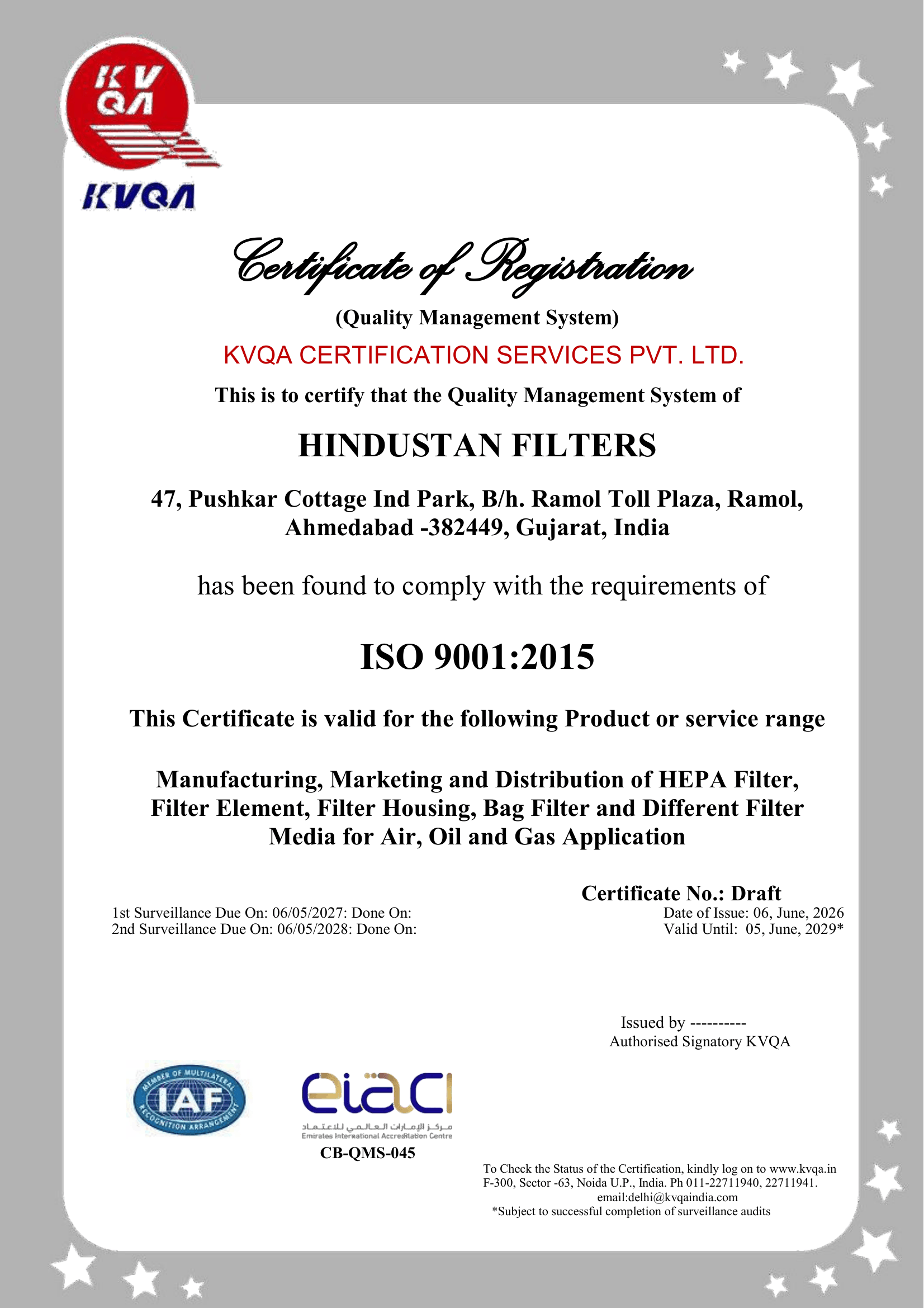 Hindustan Filters Certificate of Registration - ISO 9001:2015